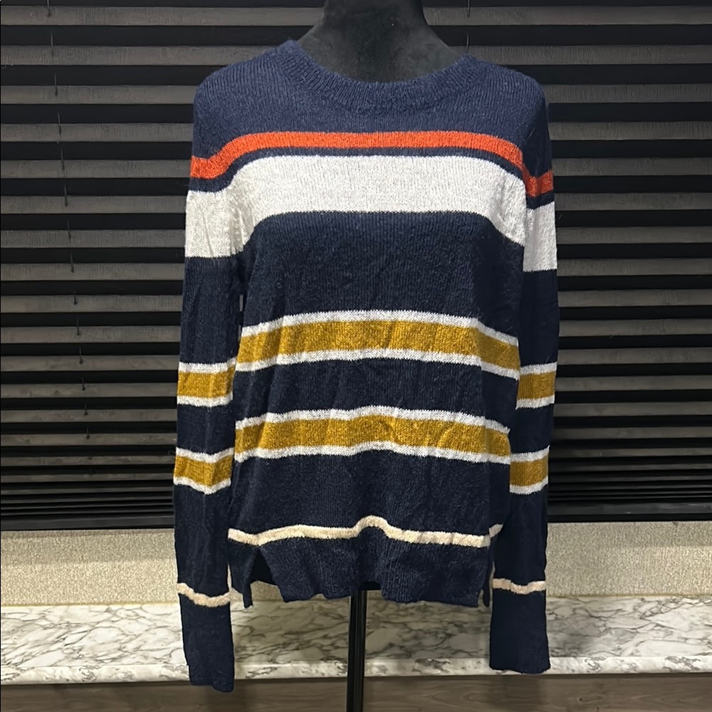 LOFT Women’s Blue w Fall Color Stripes Gauzy LS Wool/Mohair Sweater Medium